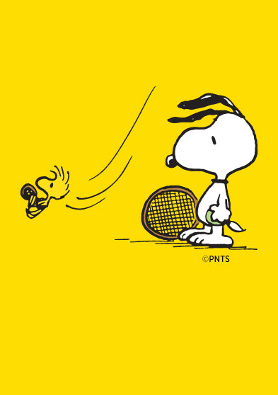 Illustration of Snoopy preparing to serve a tennis ball with Woodstock flying nearby on a bright yellow background, representing the playful Peanuts tennis theme featured in the Timex x Snoopy collaboration.