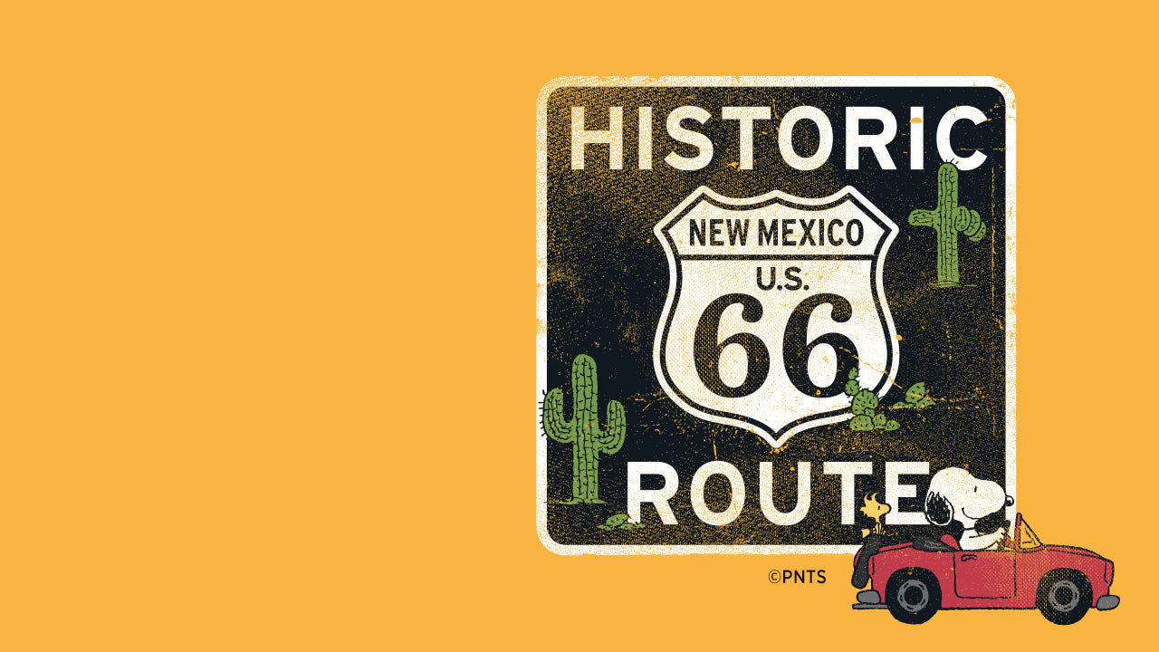Illustration of Snoopy and Woodstock driving a red convertible alongside a vintage Route 66 sign that reads “Historic Route 66 New Mexico.” The yellow background evokes a nostalgic road trip theme that complements the Timex x Peanuts collaboration.