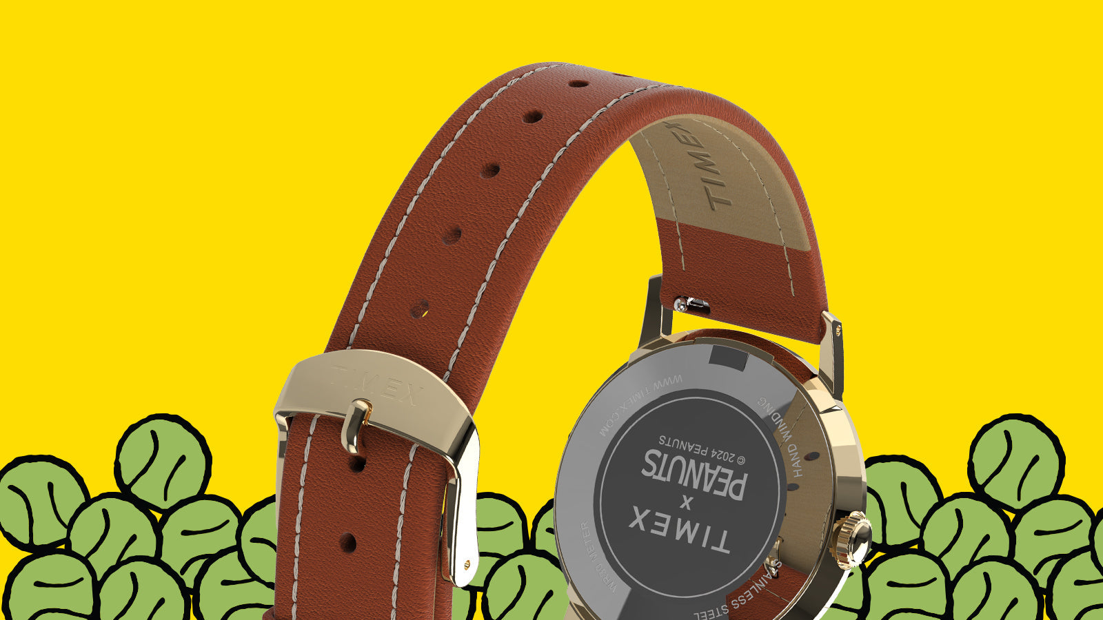 Rear view of the Timex Marlin® Hand-Wound x Snoopy Tennis watch featuring an engraved “Timex x Peanuts” caseback and brown leather strap, emphasizing its collectible collaboration design.