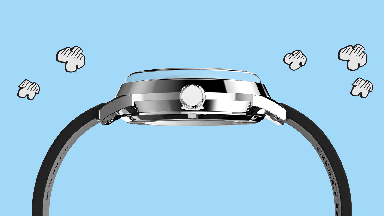 Side view of the Timex Marlin® Automatic x Peanuts Snoopy Flying Ace watch showing its polished stainless-steel case, domed crystal, and black leather strap against a whimsical blue sky background with cartoon clouds.