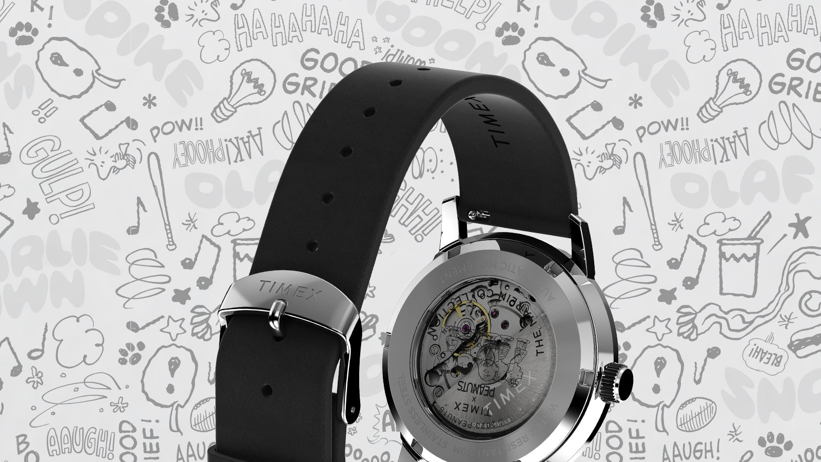 Rear view of the Q Timex Chronograph x Peanuts Snoopy watch showing its black leather strap with a silver buckle engraved with the Timex logo. The transparent caseback reveals the Peanuts character etching and inner movement, set against a whimsical comic-themed backdrop.