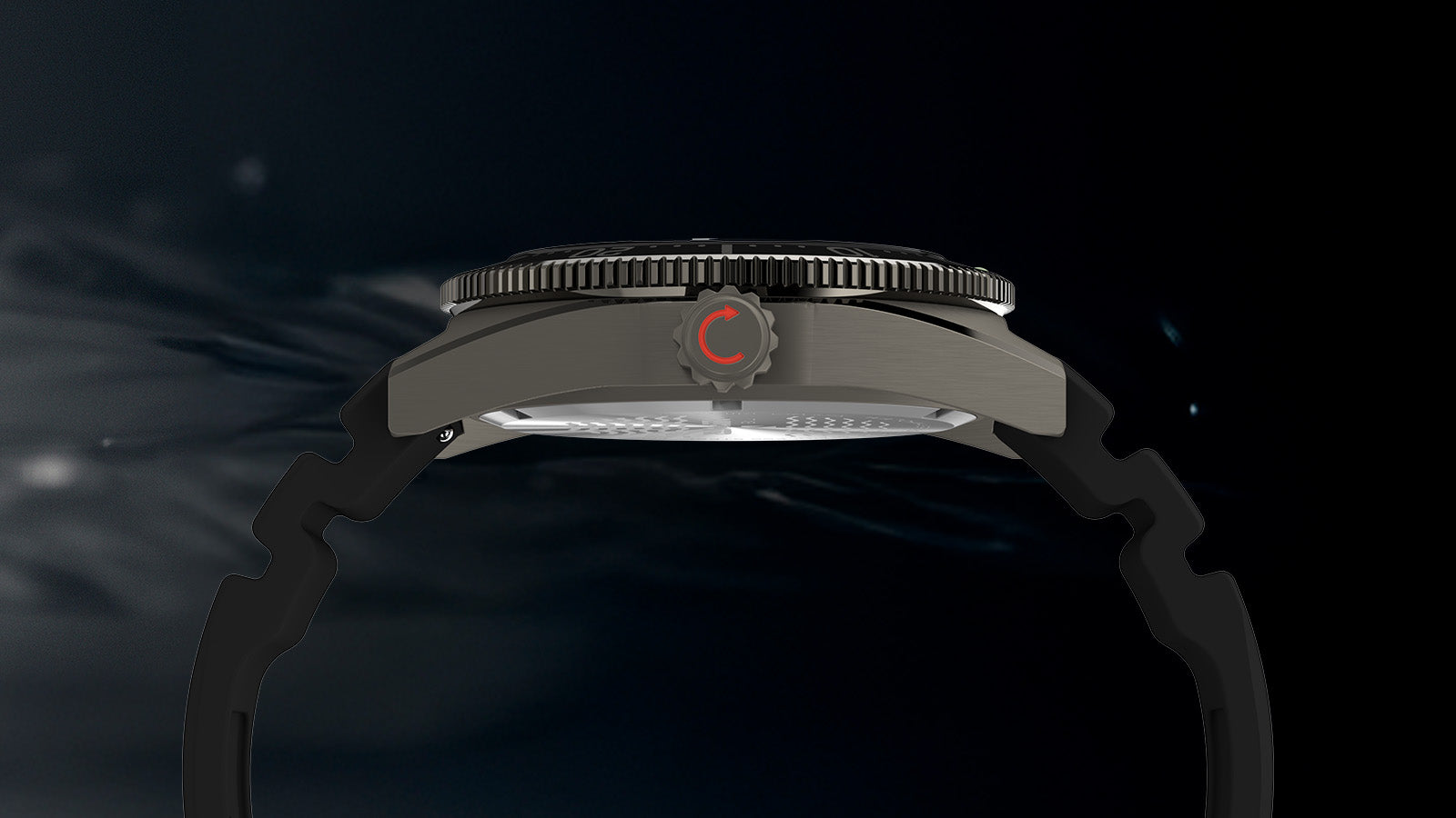 Side profile of the Timex Deepwater Reef 200 showing the brushed stainless steel case, crown with red detailing, and sturdy black rubber strap against a dark aquatic background.