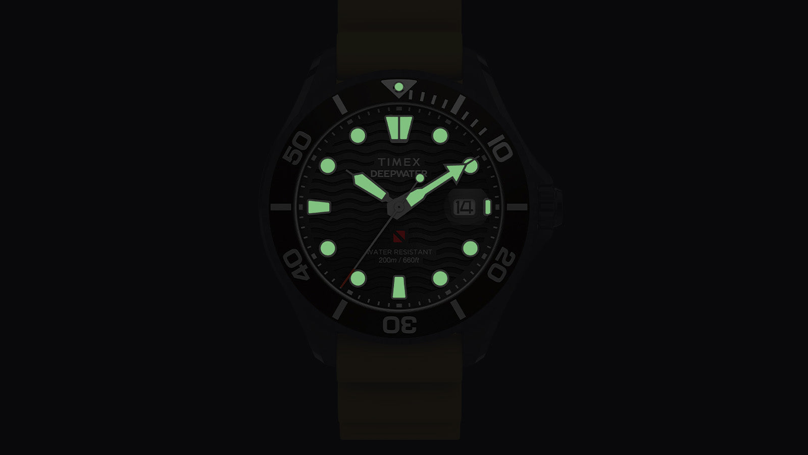 Timex Deepwater Meridian 200 glowing in darkness, featuring luminous green hands and hour markers for superior underwater visibility.