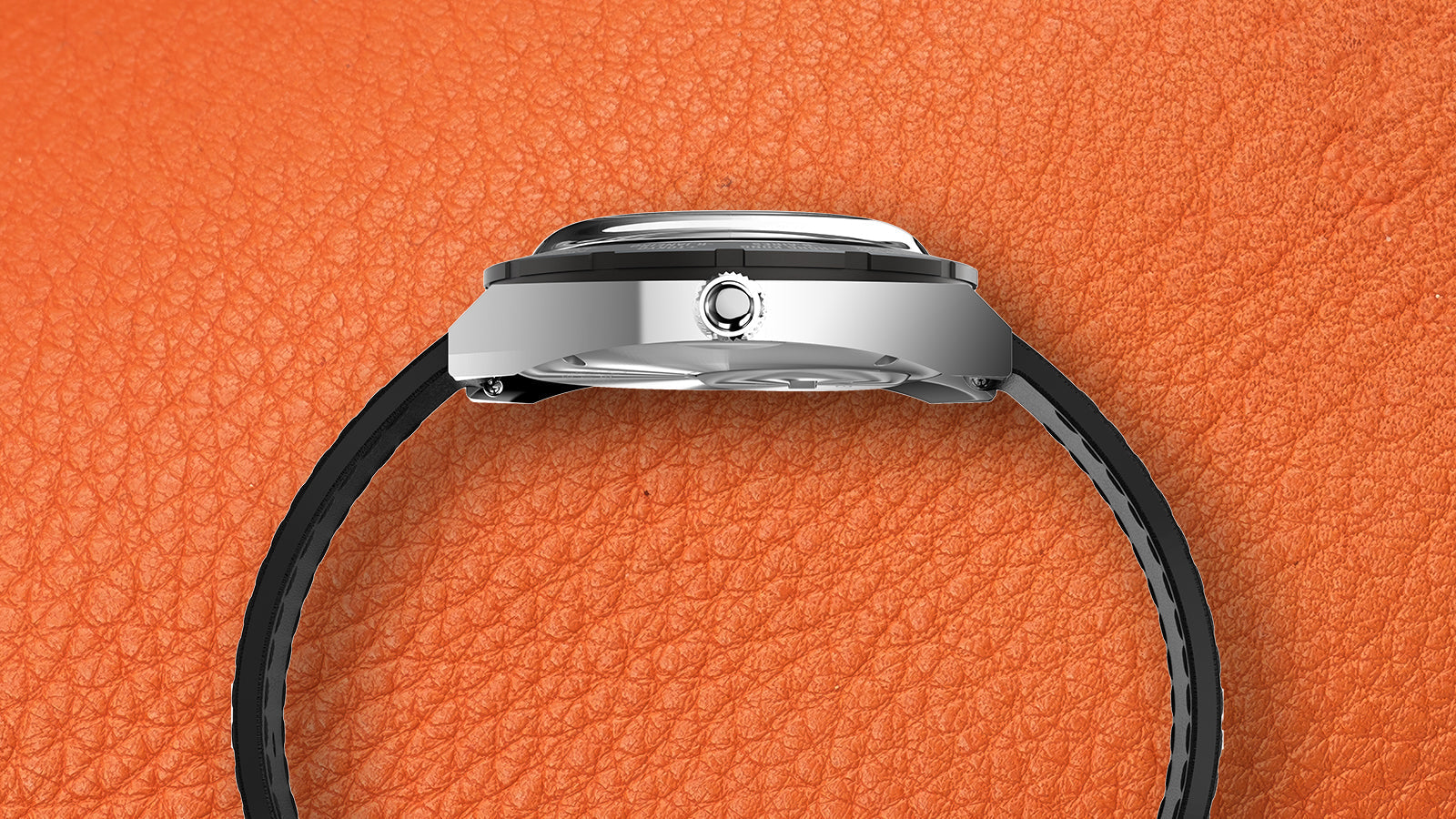 Profile side view of the Timex World Time Reissue watch showing the slim polished case, crown, and black strap from a horizontal angle against an orange textured background.