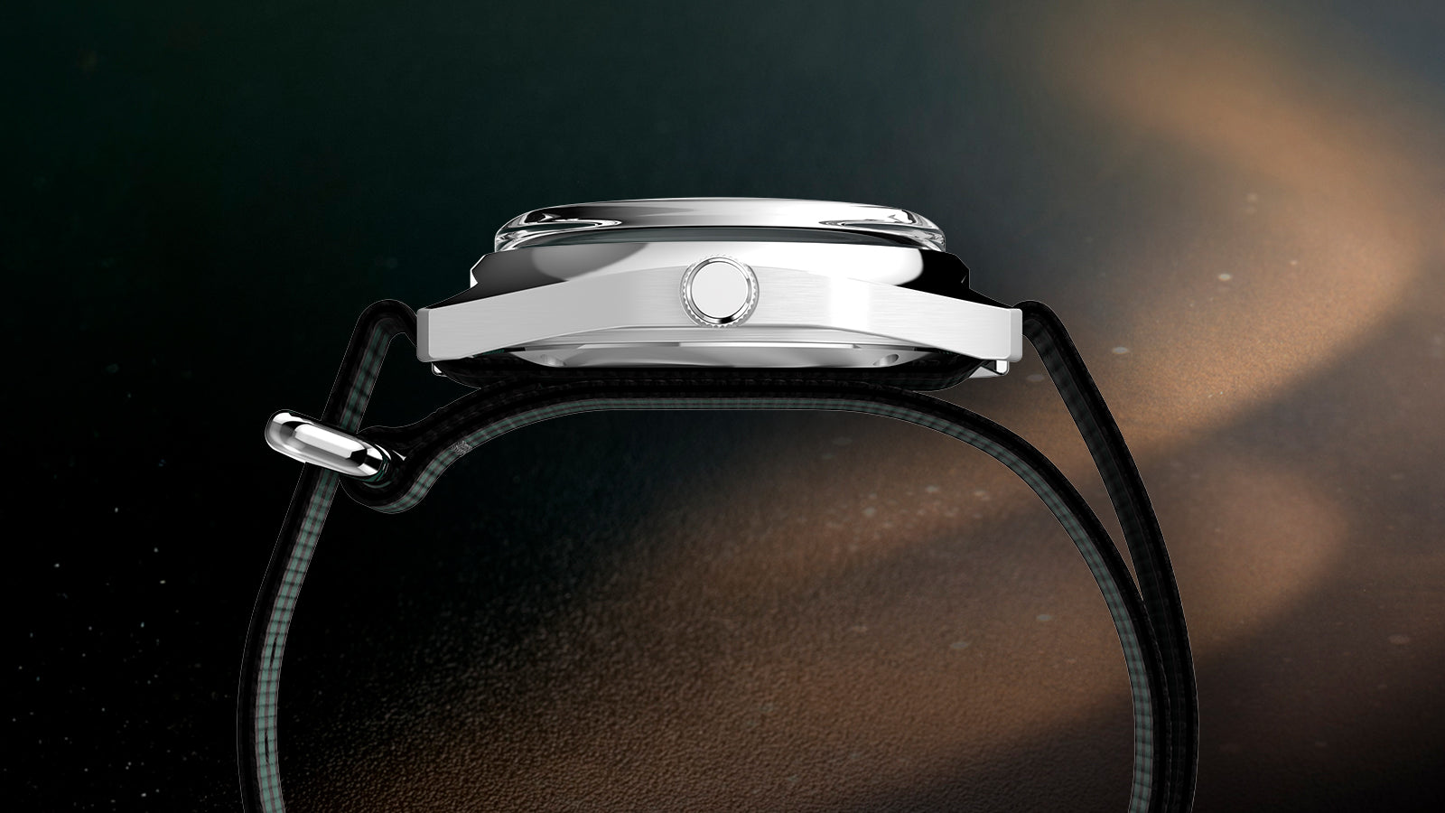 Side profile view of the Q Timex® 1975 Enigma watch showcasing the curved crystal, brushed steel case sides, and polished crown detail.