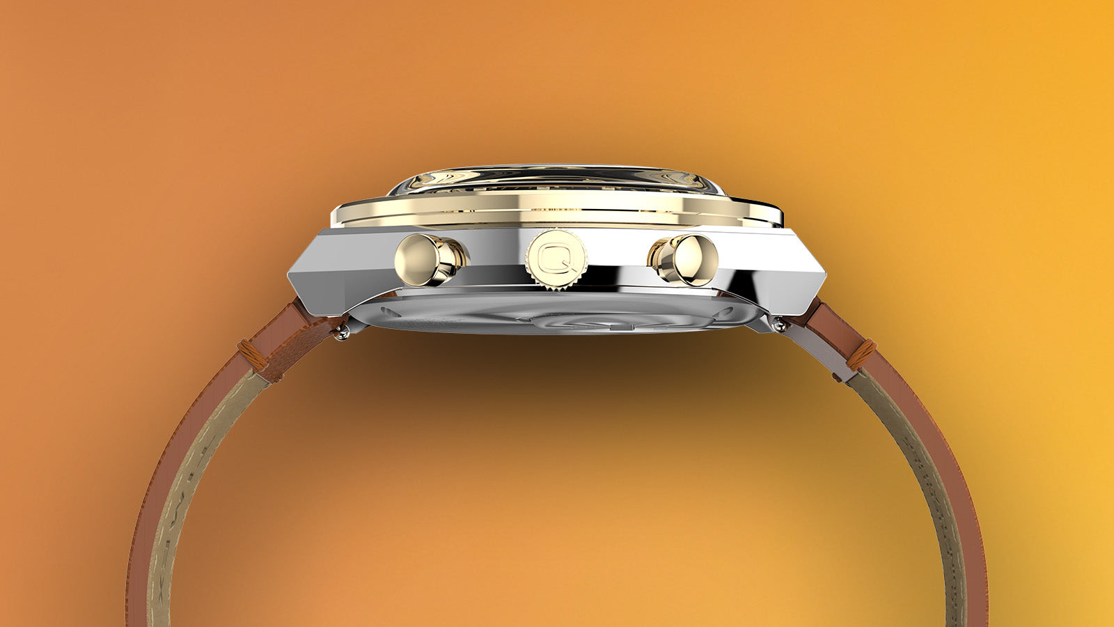 Side profile of the Q Timex Chronograph showcasing the brushed and polished stainless-steel case, gold crown, and pushers with tan strap.