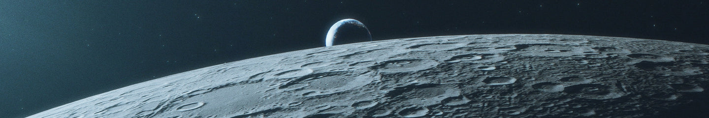Cinematic space-themed Timex visual showing the moon’s cratered surface in the foreground with Earth rising in the distance against a starry sky.