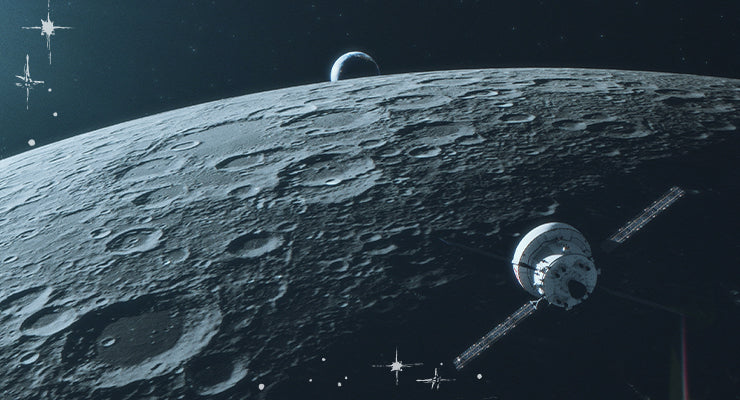 Cinematic space-themed Timex visual showing the moon’s cratered surface in the foreground with Earth rising in the distance against a starry sky.