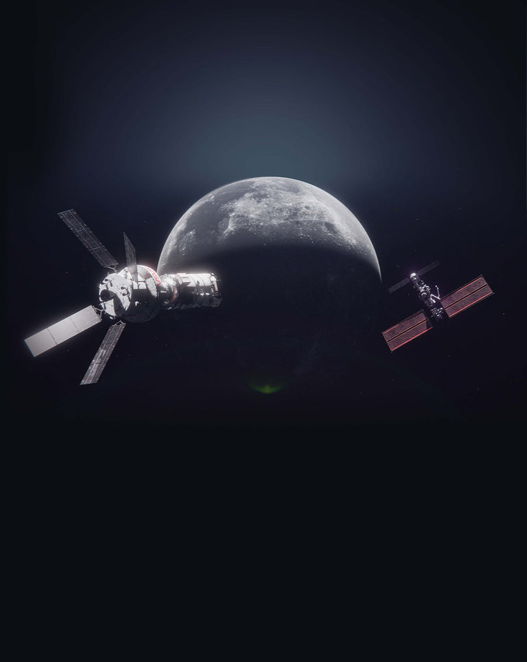 Artistic rendering of a spacecraft orbiting near the moon with Earth in the background, styled for the Timex Space collection.
