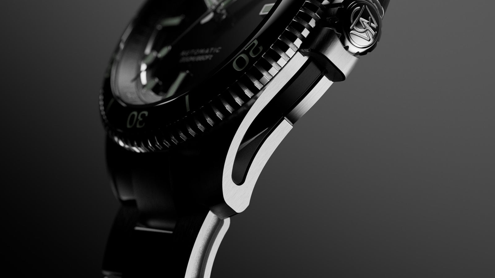 Close-up of Timex Atelier watch crown and bezel, showing stainless steel case with brushed and polished details and luminous dial markers.