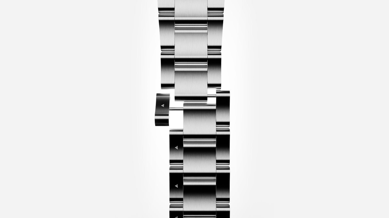 Top-down view of brushed stainless steel Timex Atelier bracelet with solid links and clasp, isolated on a white background.