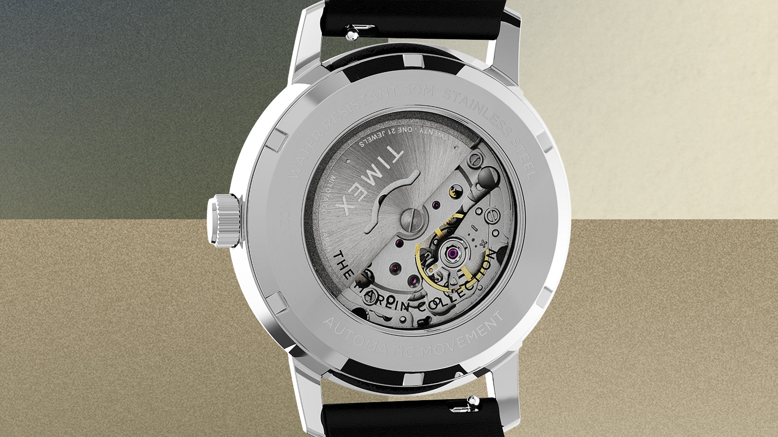 Caseback view of Timex Marlin Automatic watch showcasing visible mechanical movement through exhibition window.