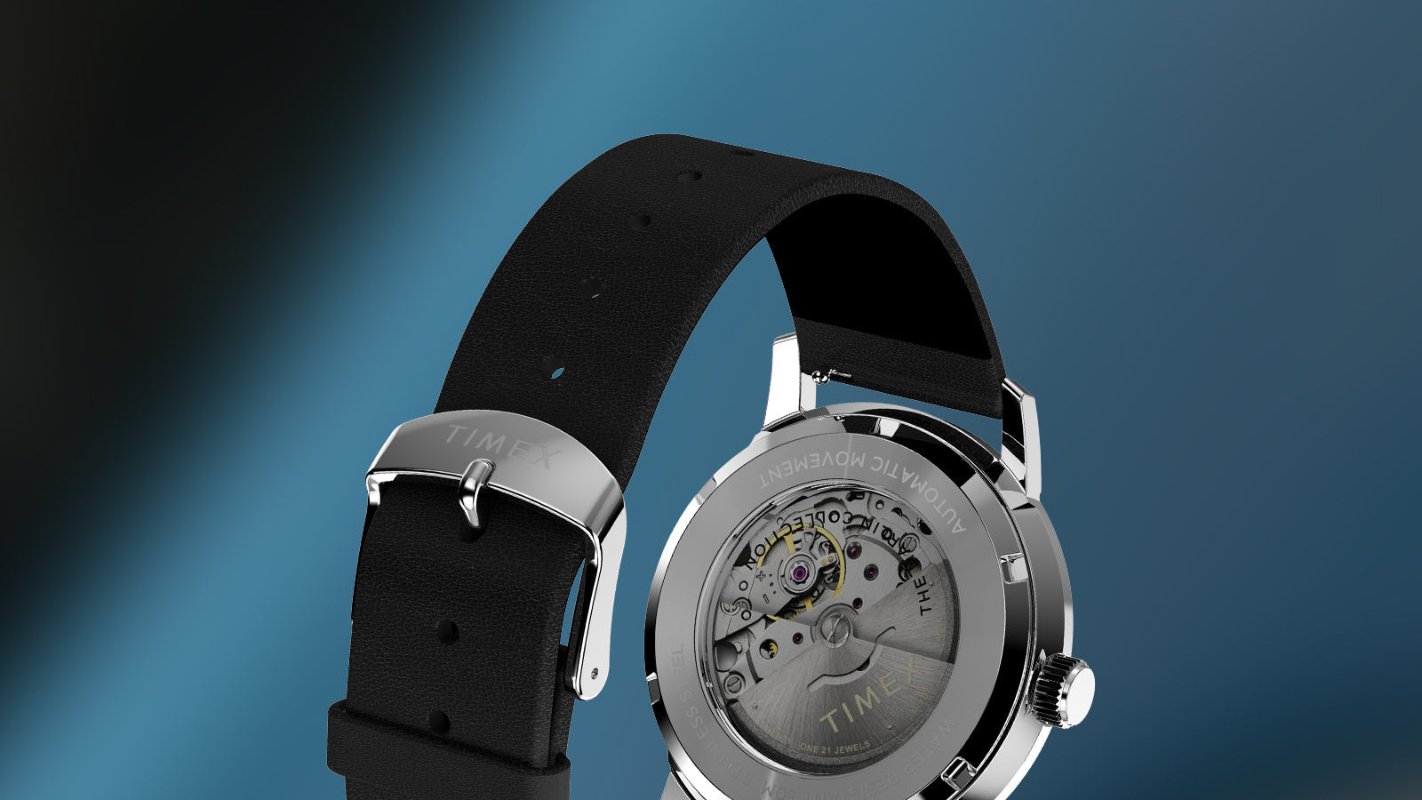 Rear view of Timex Marlin Automatic showing polished stainless-steel caseback and black leather strap with Timex buckle.