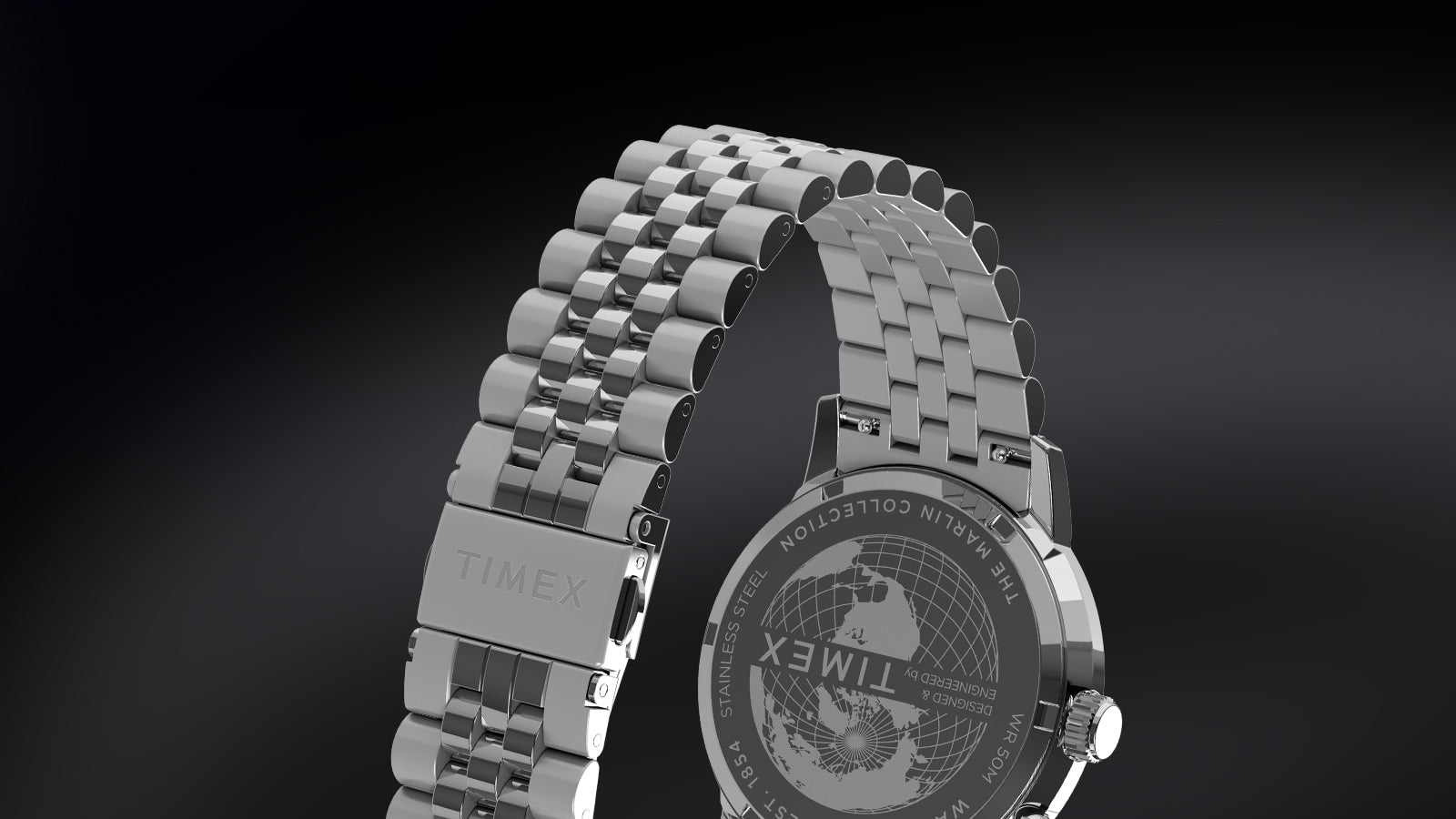 Rear view of Timex Marlin Moon Phase Multifunction highlighting stainless-steel bracelet with engraved ‘Timex’ clasp and caseback globe engraving.