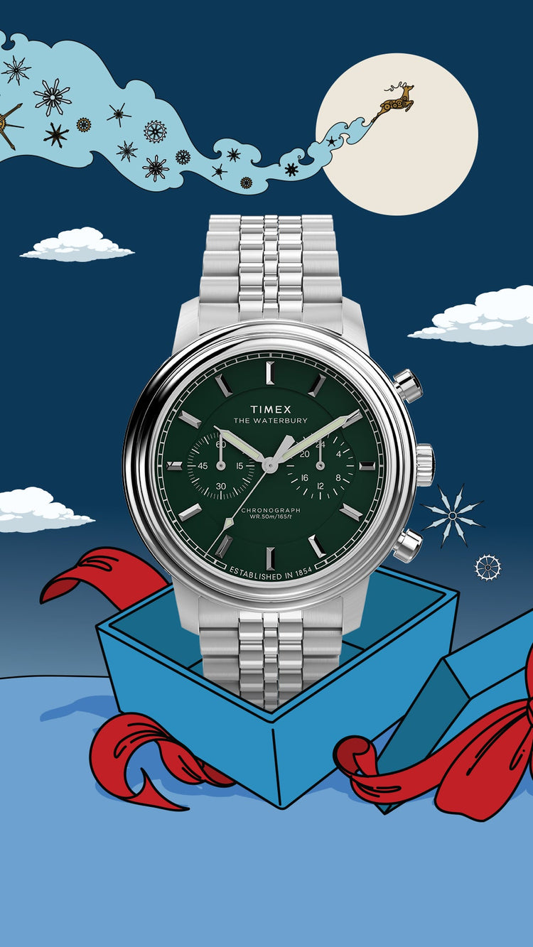 Silver Timex watch with green face in a blue box against a night sky with clouds and moon.