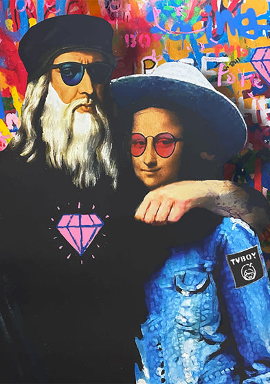 Graffiti artwork by TVBOY featuring two modern figures—one in black, one in denim—standing arm in arm against a vivid, abstract wall of colorful spray-painted layers. The art represents unity, creativity, and contemporary culture, echoing the spirit of the Timex collaboration.