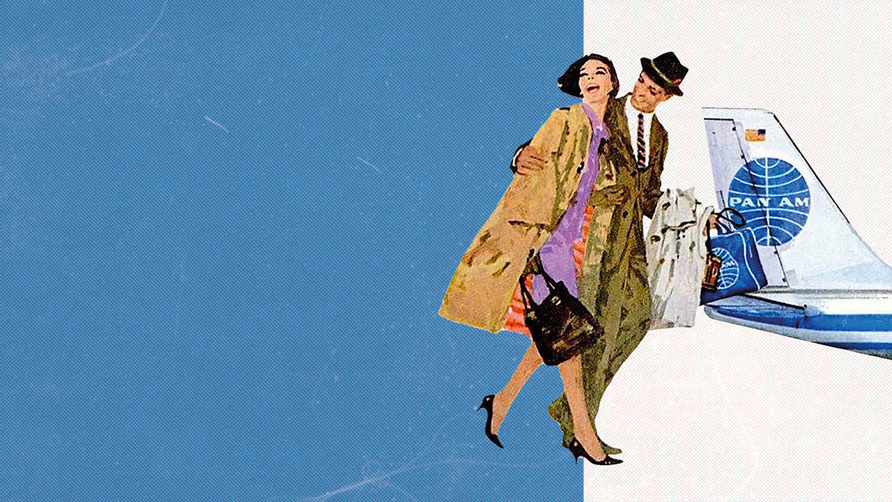 Retro-inspired Pan Am advertisement background featuring a stylishly dressed couple stepping off a plane with Pan Am branding. The image captures mid-century travel glamour, complementing the Timex x Pan Am® watch collaboration theme.