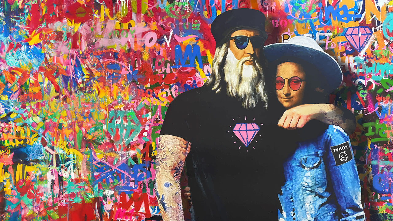 Graffiti artwork by TVBOY featuring two modern figures—one in black, one in denim—standing arm in arm against a vivid, abstract wall of colorful spray-painted layers. The art represents unity, creativity, and contemporary culture, echoing the spirit of the Timex collaboration.