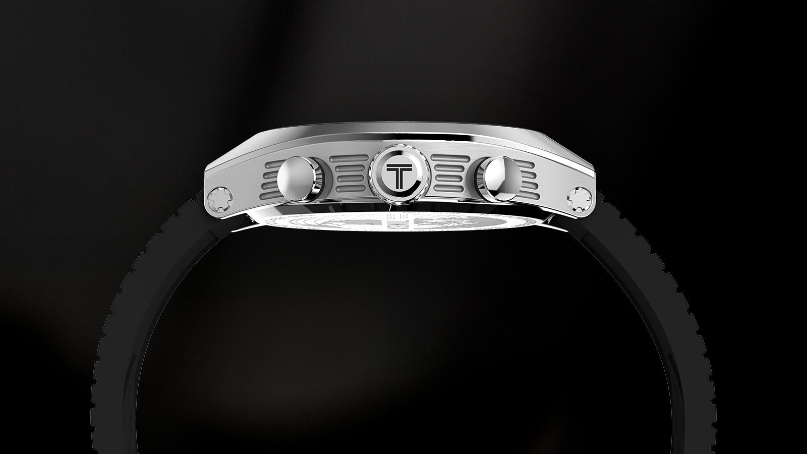 Side view of the TIMEX® Legacy Tonneau Chronograph showcasing its brushed stainless-steel case, pushers, and crown engraved with the Timex “T” logo.