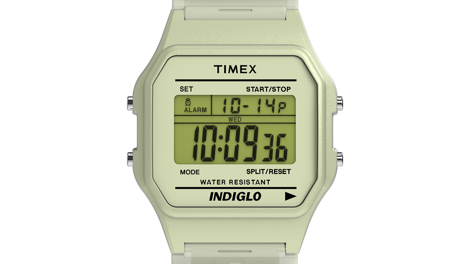 Macro view of the TIMEX® T80 digital screen, showing clear time and date functions, labeled buttons, and the INDIGLO® logo.