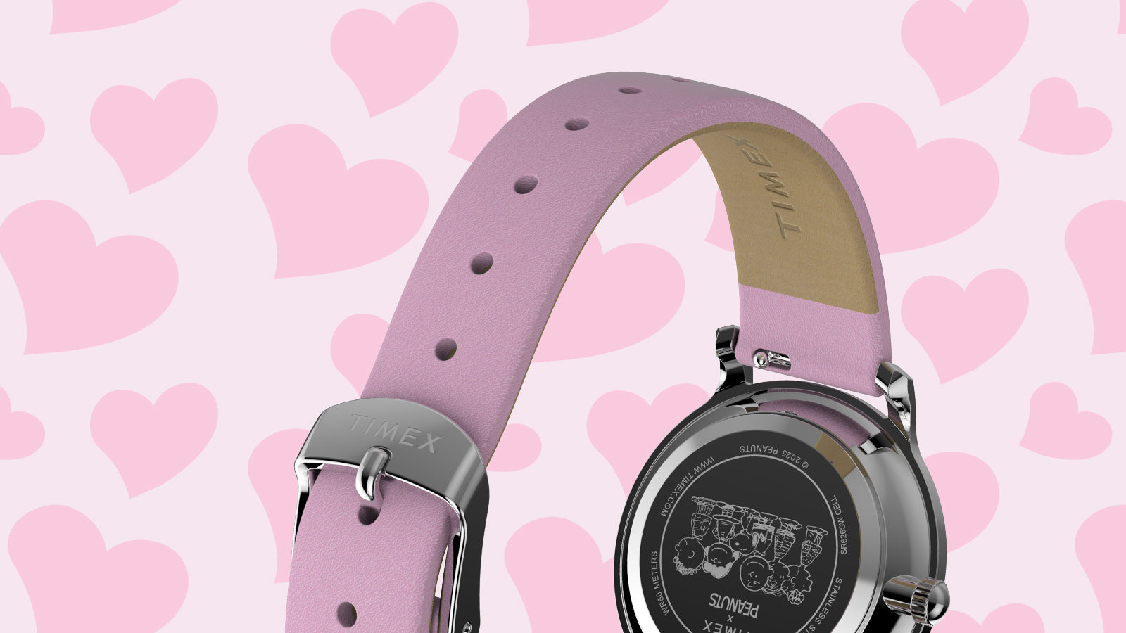 Back view of the Peanuts® x Timex Transcend Snoopy Hug watch showing a pink leather strap, polished case, and engraved case back with Peanuts characters.