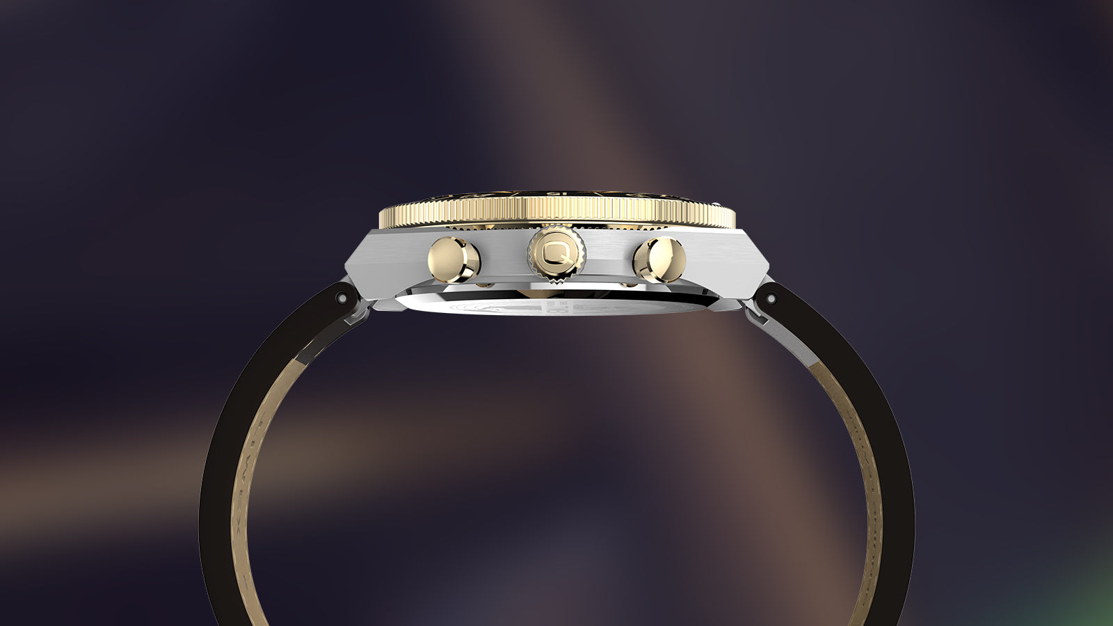 Side view of the Q Timex® Continental Chronograph showing the stainless steel case, gold-tone crown and pushers, and leather strap.