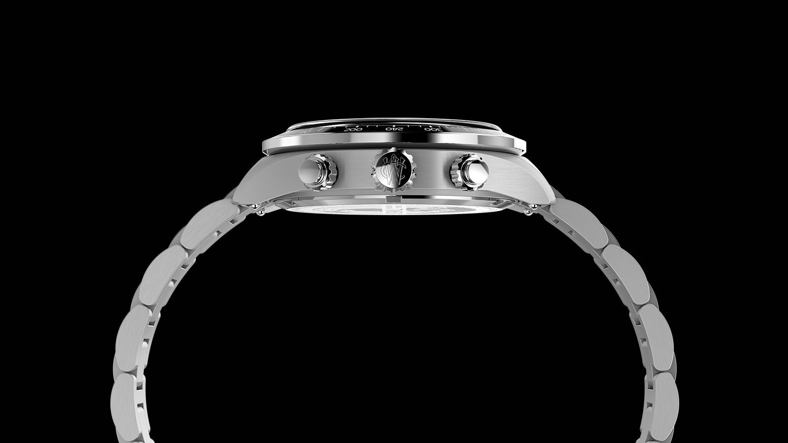 Side profile of Timex Waterbury Heritage Chronograph displaying stainless steel case thickness and chronograph pushers.