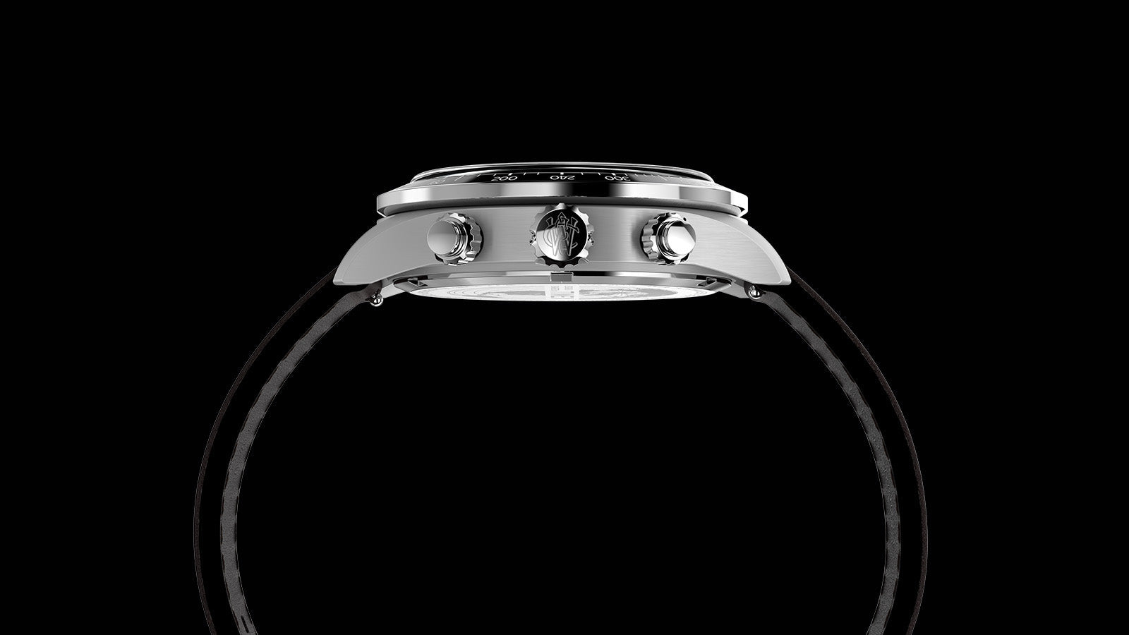 Side profile of Timex Waterbury Heritage Chronograph showing stainless steel case, tachymeter bezel, and chronograph pushers.