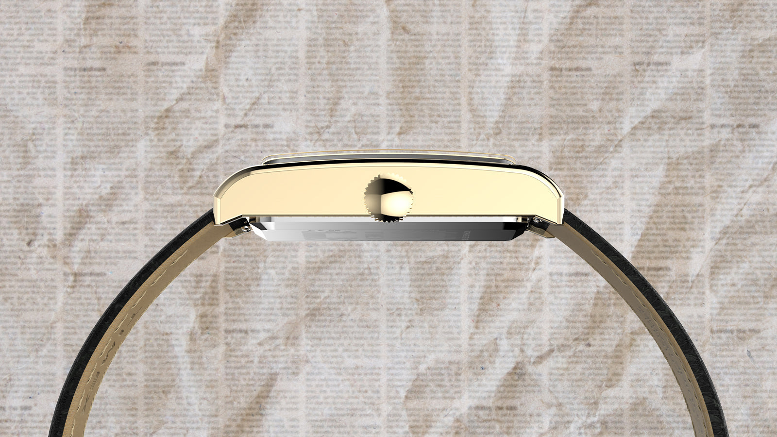 Side profile of the Timex 1976 Lexington Reissue showing its slim gold-tone case and crown against a textured background.