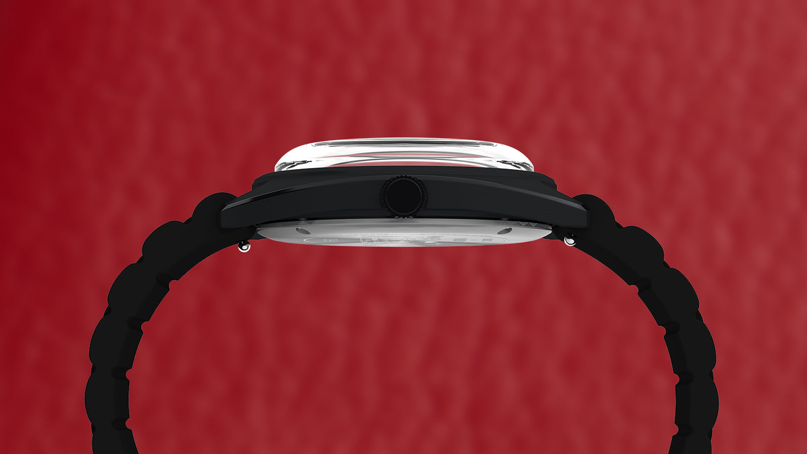 Profile view of Peanuts® x Timex 1979 Reissue Inspired watch showing slim black case, domed crystal, and black bracelet against a red background.