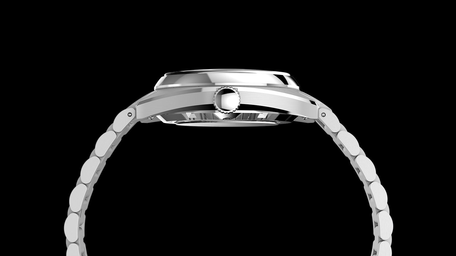Side view of the Timex Marlin Draper Automatic watch highlighting the stainless steel case, crown, and bracelet profile.