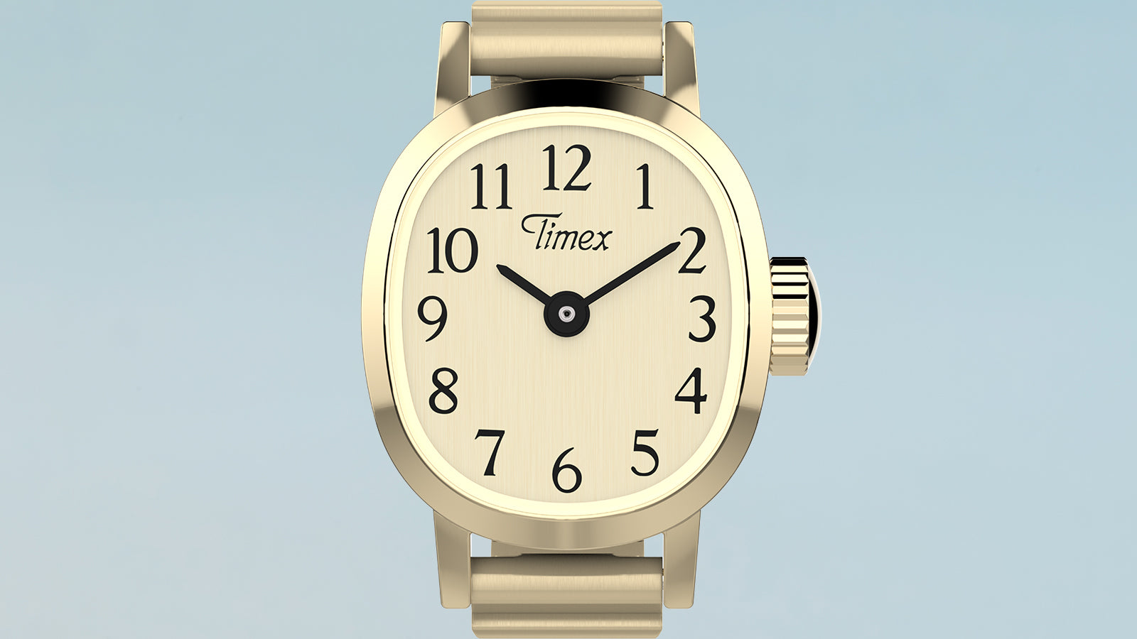 Close-up of Timex Cavatina® Mini featuring champagne dial, black Arabic numerals, gold-tone oval case, and expansion bracelet.