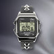 Timex x Dime digital watch with black studded leather strap and LCD display.