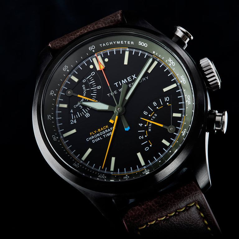 Close-up of Timex Waterbury Ace Fly-Back Chronograph dial showing subdials, tachymeter scale, and fly-back function