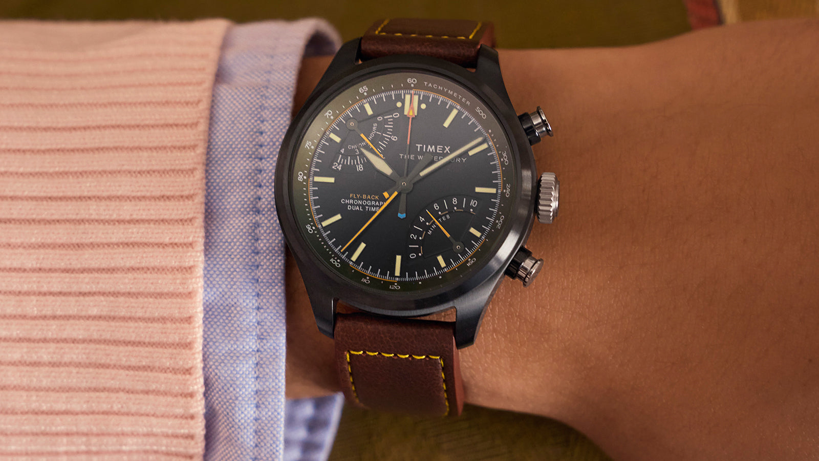 Timex Waterbury Ace Fly-Back Chronograph on wrist highlighting chronograph pushers and dual time subdial