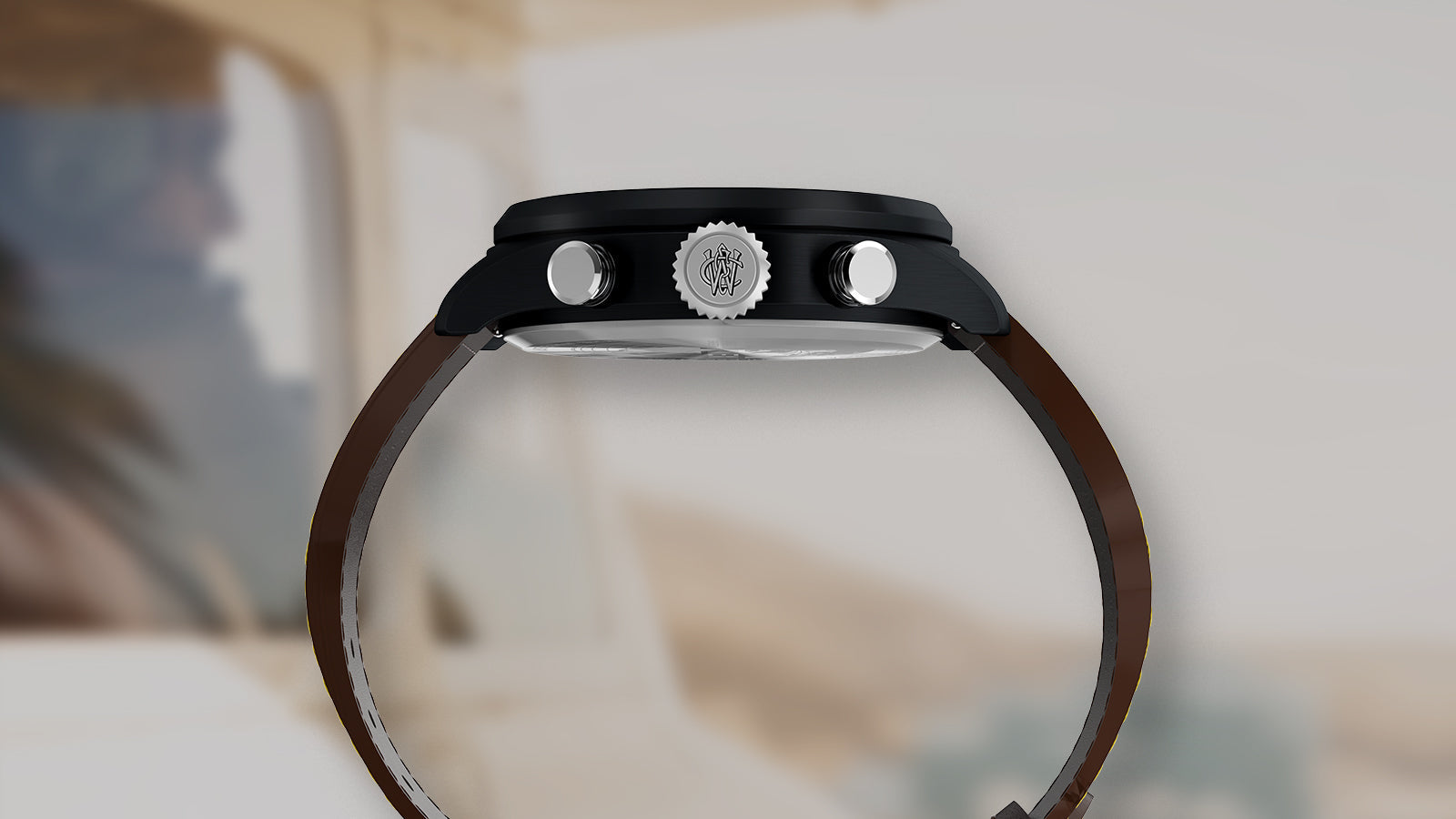 Side profile of Timex Waterbury Ace Fly-Back Chronograph showing dark case, crown, and pushers