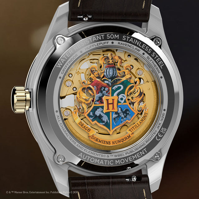 Caseback of Harry Potter x Timex Waterbury Skeleton Automatic watch featuring Hogwarts crest and exhibition automatic movement.