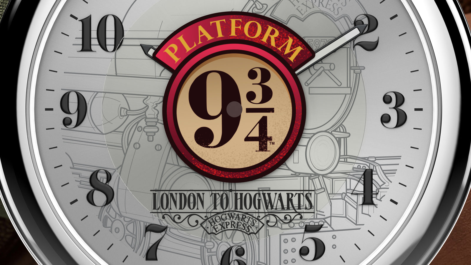 Detailed view of Platform 9¾ emblem centered on Harry Potter x Timex Weekender watch dial.