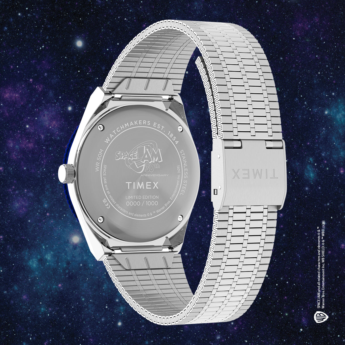 Back view of Space Jam x Timex Q 30th Anniversary watch showing engraved caseback with limited edition numbering and stainless steel expansion bracelet