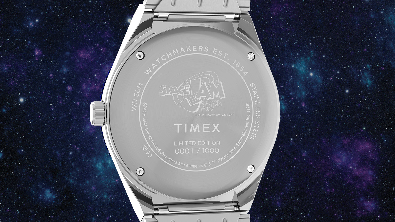 Close-up of Space Jam x Timex Q 30th Anniversary watch caseback engraved with Timex logo, 30th anniversary mark, and limited edition details