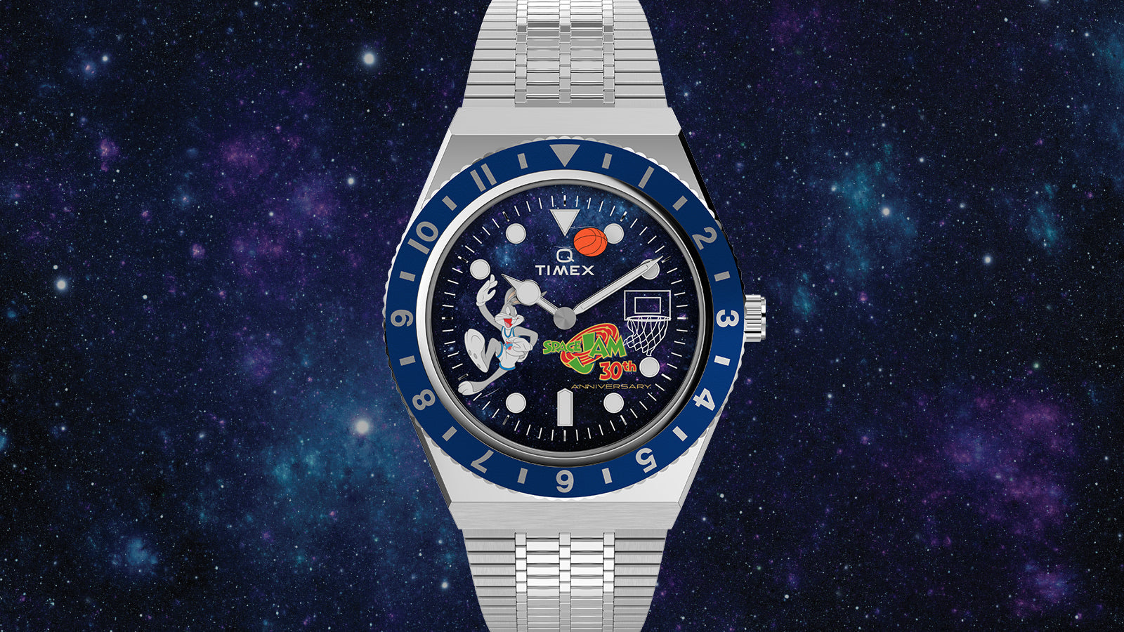 Space Jam x Timex Q 30th Anniversary stainless steel watch with blue rotating bezel and Bugs Bunny basketball dial on a starry background