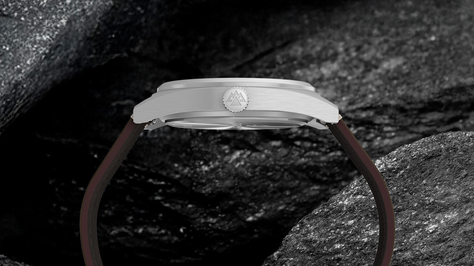Side view of Timex Expedition Capstone watch showing stainless steel case and leather strap