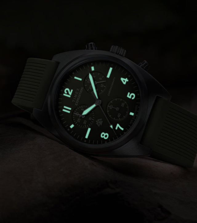 Timex Expedition Capstone Chronograph with glowing lume markers and hands in low light