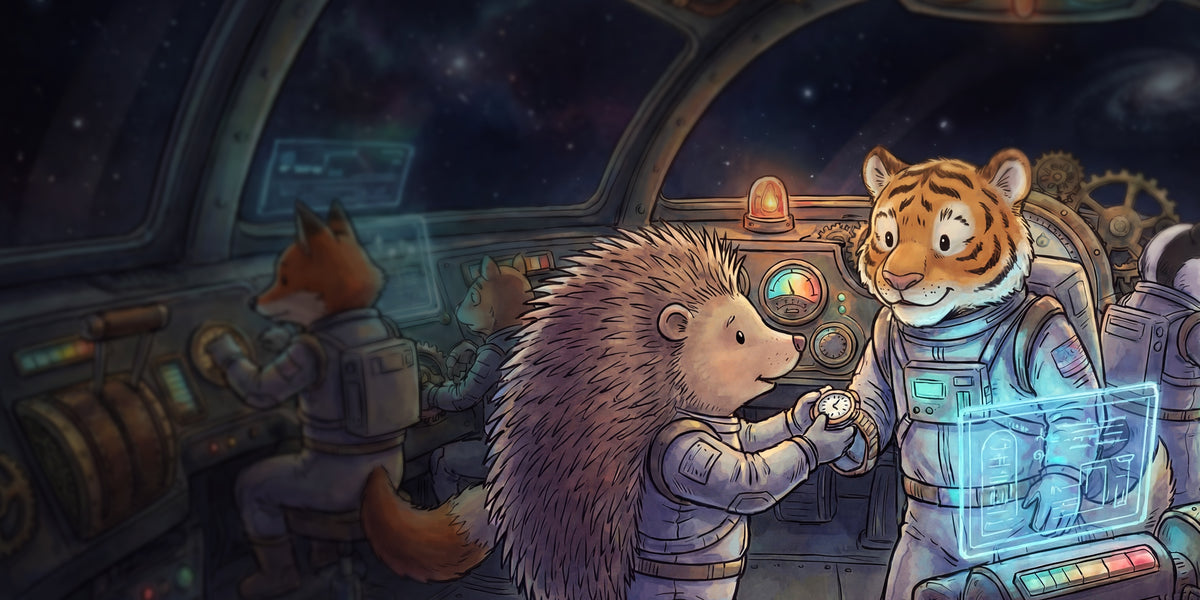Timex Tales illustration of a hedgehog adjusting a tiger’s wristwatch as animal astronauts pilot a spaceship.