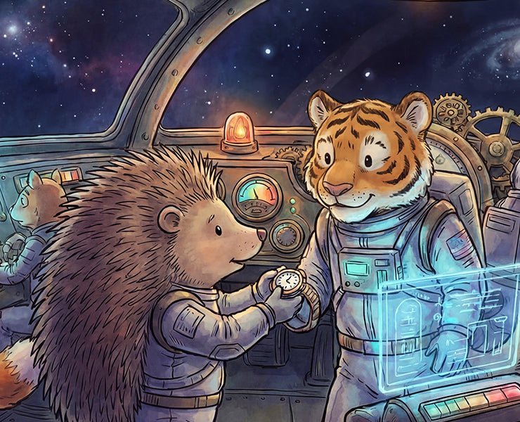 Timex Tales illustration of a hedgehog adjusting a tiger’s wristwatch as animal astronauts pilot a spaceship.