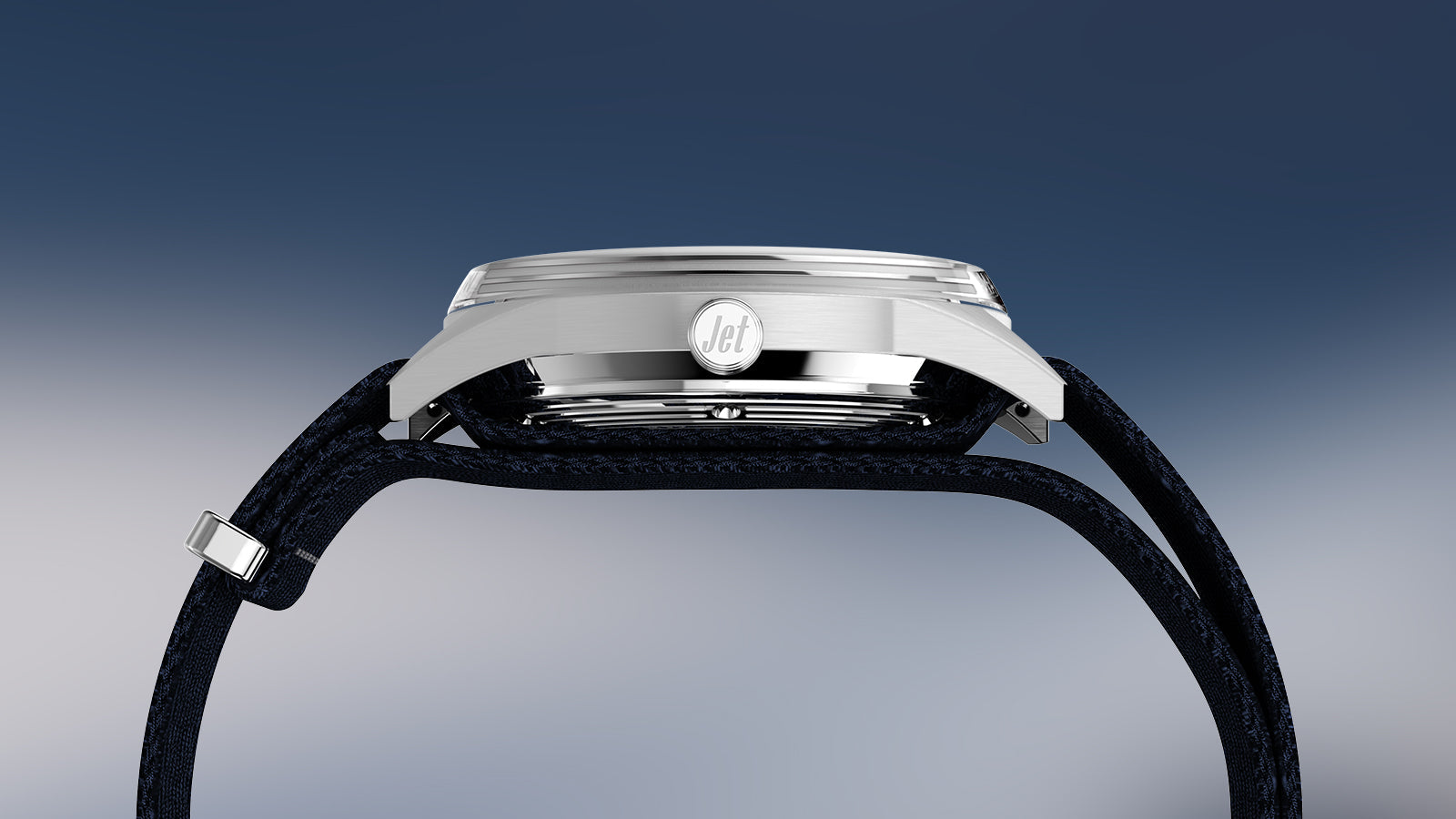 Side profile of the Marlin Jet America 250 watch highlighting the slim stainless-steel case and Jet logo on the case side.
