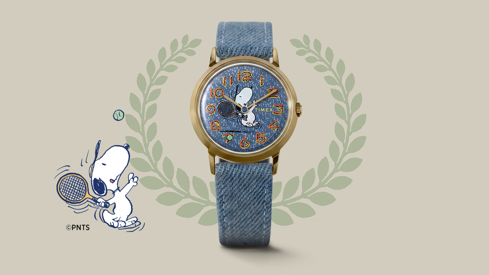 Front view of the Peanuts® x Timex Marlin® 1965 Reissue Inspired Snoopy Tennis watch with a gold-tone case, embroidered-style numeral markers, and Snoopy tennis dial design.