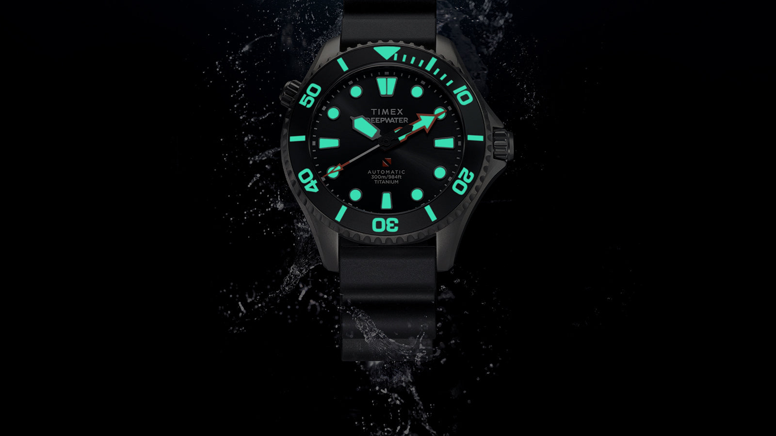 Timex Deepwater Meridian 300 Titanium HEV Automatic with fully illuminated lume on dial and bezel against a dark aquatic backdrop.