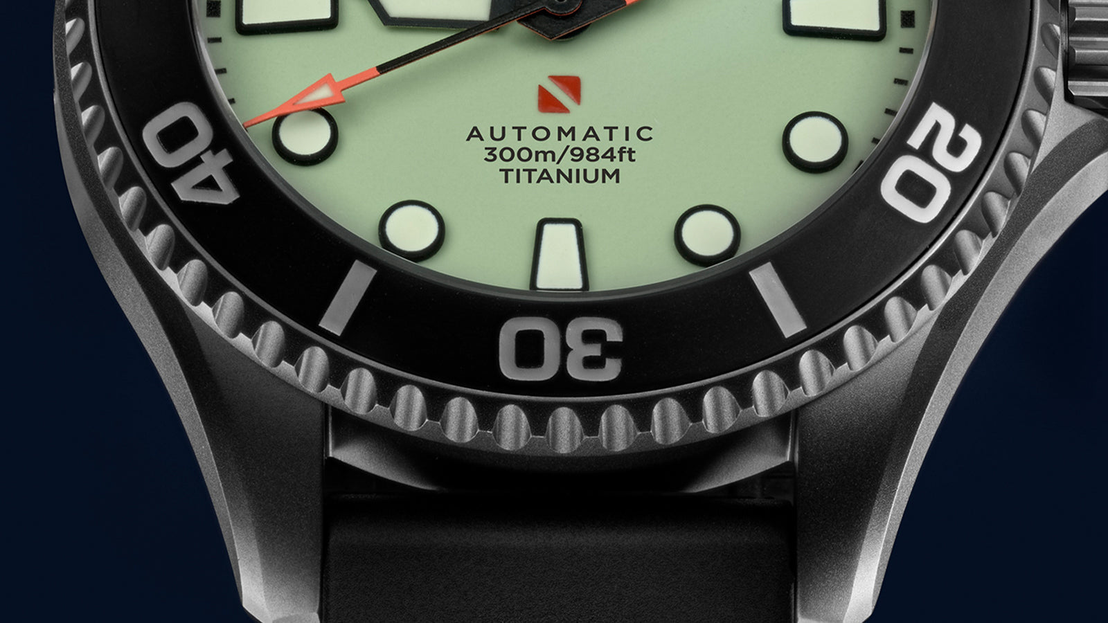 Detailed close-up of the Timex Deepwater Meridian 300 Titanium HEV Automatic showing automatic movement designation, luminous dial, and diver bezel markings.