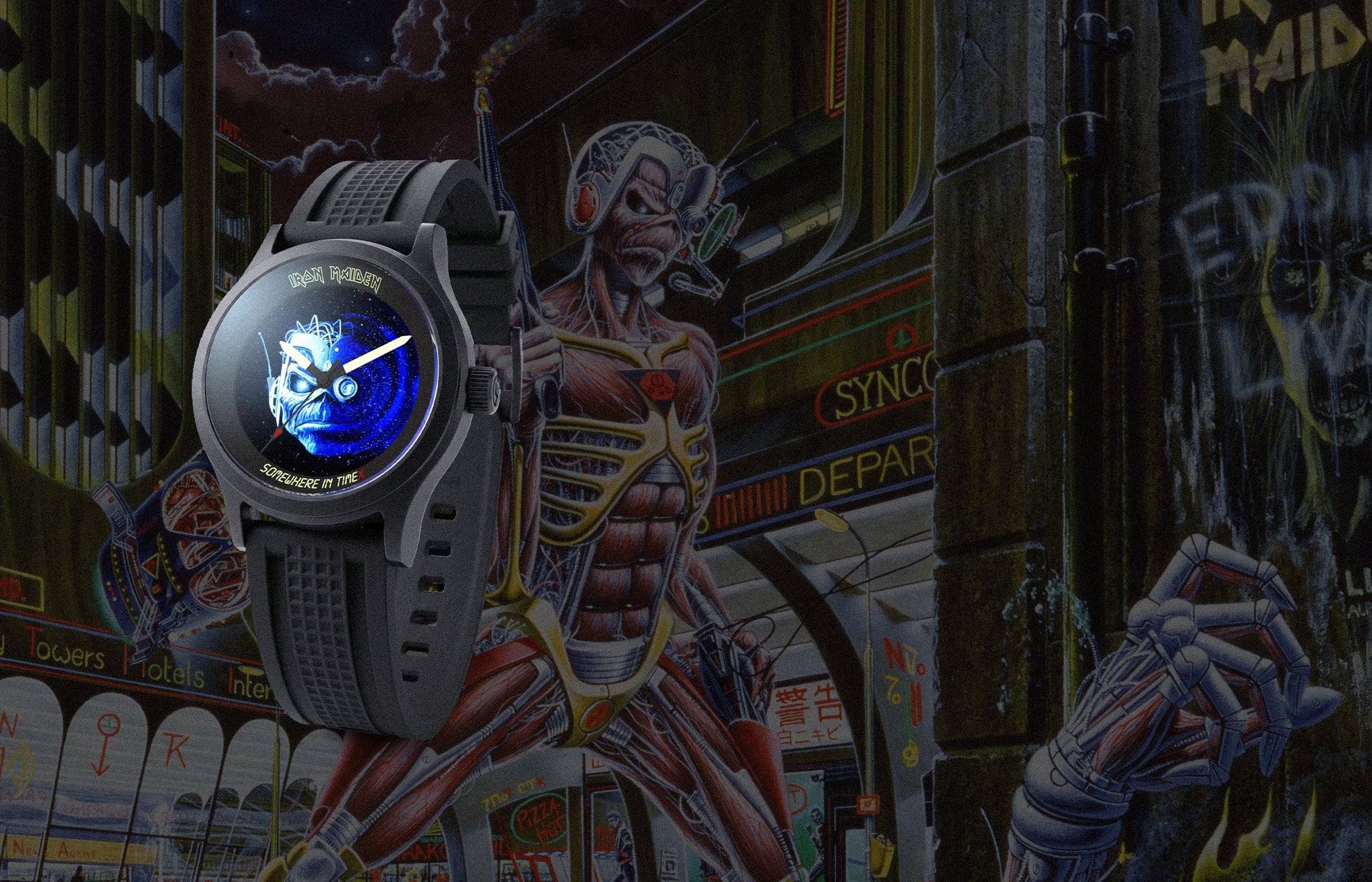 Timex x Iron Maiden 1986 Tribute watch floating in a cyberpunk cityscape inspired by “Somewhere in Time,” featuring Eddie in the background and a glowing blue galaxy-style dial graphic.